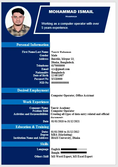 Europe style cv